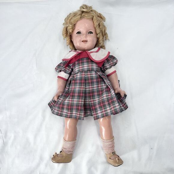 Vintage Shirley Temple Composition Doll Plaid Dress - Picture 4 of 12